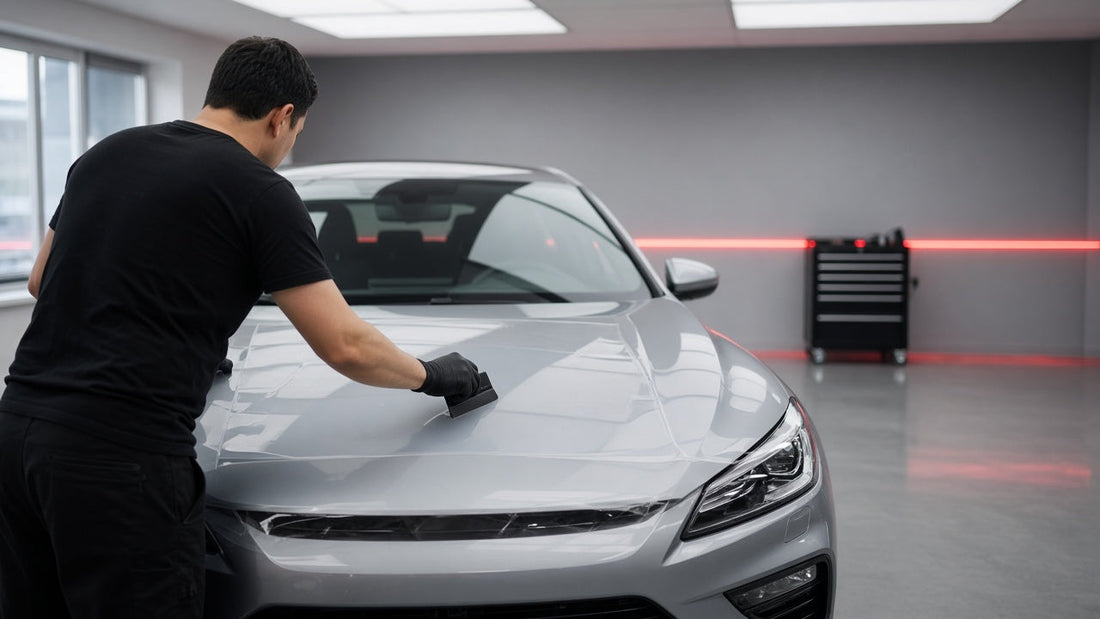 Detailer applying clear paint protection film to a car bonnet
